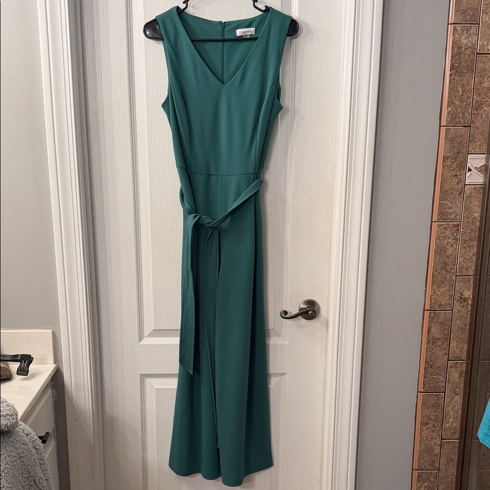 Calvin Klein Green V-Neck Jumpsuit with Self-Tie Waist